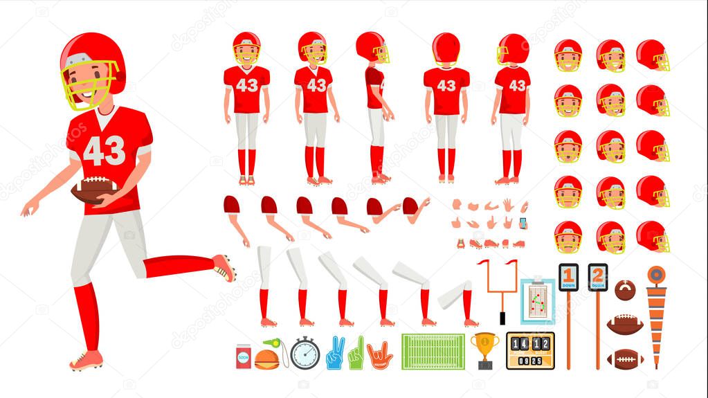 American Football Player Male Vector. Animated Character Creation Set. American Football Man Full Length, Front, Side, Back View, Accessories, Poses Emotions, Gestures. Flat Cartoon Illustration