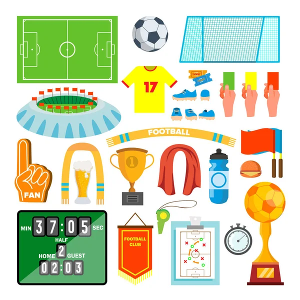 Set de iconos de fútbol Vector. Accesorios de fútbol. Bola, Uniforme, Copa, Botas, Marcador, Campo. Ilustración plana aislada de la historieta — Vector de stock