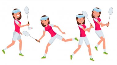 Badminton kadın oyuncu vektör. Farklı teşkil etmektedir oynuyor. Kadın. Beyaz çizgi film karakteri illüstrasyon izole atlet