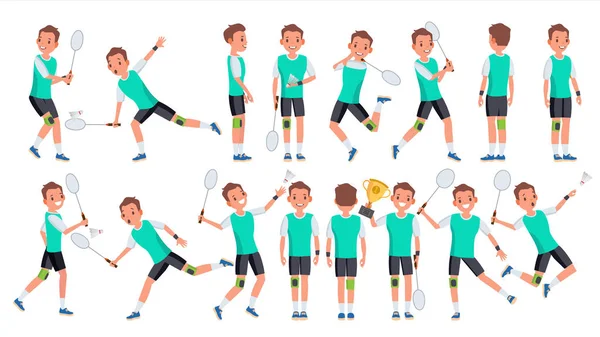 Badminton oyuncu erkek vektör. Yaz etkinliği. Şampiyonluk eğitim. Düz çizgi film karakteri illüstrasyon izole — Stok Vektör