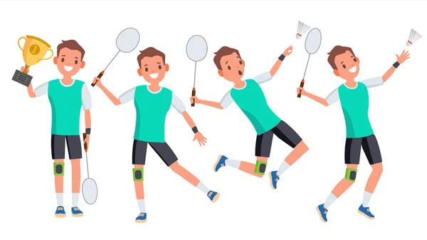 Badminton Male Player Vector. Giocare in pose diverse. Uomo Atleta. isolato su bianco cartone animato personaggio illustrazione — Vettoriale Stock