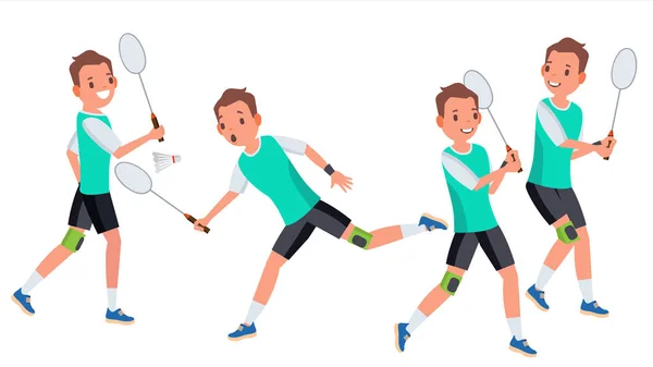 Badminton männlich Vektor. in Aktion. Schläger. moderner Sport, Hobby. Federball halten. Zeichentrickfigur — Stockvektor