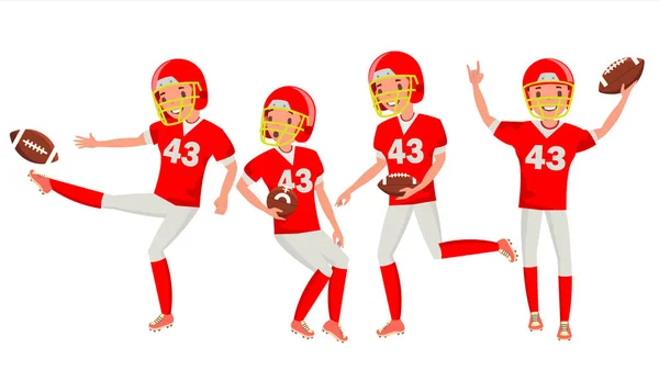 American Football mannelijke speler Vector. Wedstrijd toernooi. Zomer-activiteit. Spelen In verschillende Poses. Man atleet. Geïsoleerd op witte Cartoon karakter illustratie — Stockvector