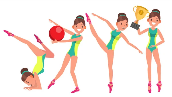 Gymnastics Female Player Vector. Gymnastic Tape, Hoop, Mace. Slim. Dance. In Action. Cartoon Character Illustration — Stock Vector