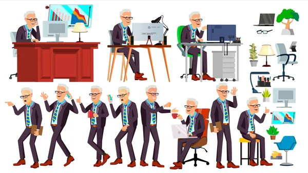 Eski Office alt vektör. Duygular, çeşitli hareketler karşısında. İş adam profesyonel kabin işçi, memur, memur. İzole karikatür karakter çizimi — Stok Vektör