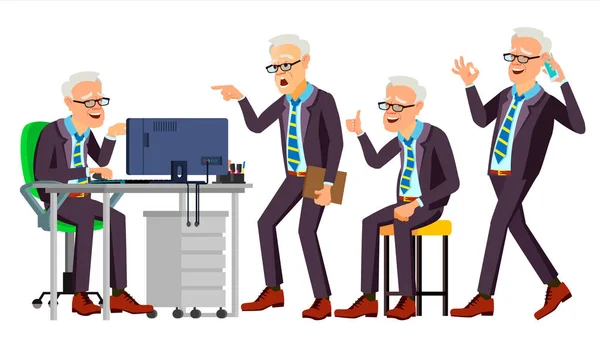 Oude Office werknemer Vector. Gezicht emoties, verschillende gebaren. Zakenman persoon. Glimlachend Executive dienaar, Workman, Officer. Geïsoleerde karakter illustratie — Stockvector