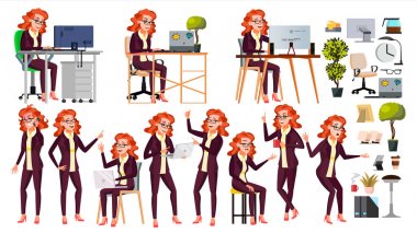 Office alt vektör. Kadın. Profesyonel memur bey, memur. İşadamı kadın. Bayan yüz duygular. Düz karakter illüstrasyon izole