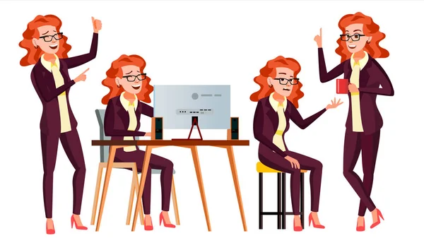 Trabalhador de escritório Vector. Mulher. Emoções faciais, vários gestos. Ilustração de Personagens de Desenhos Animados Isolados —  Vetores de Stock