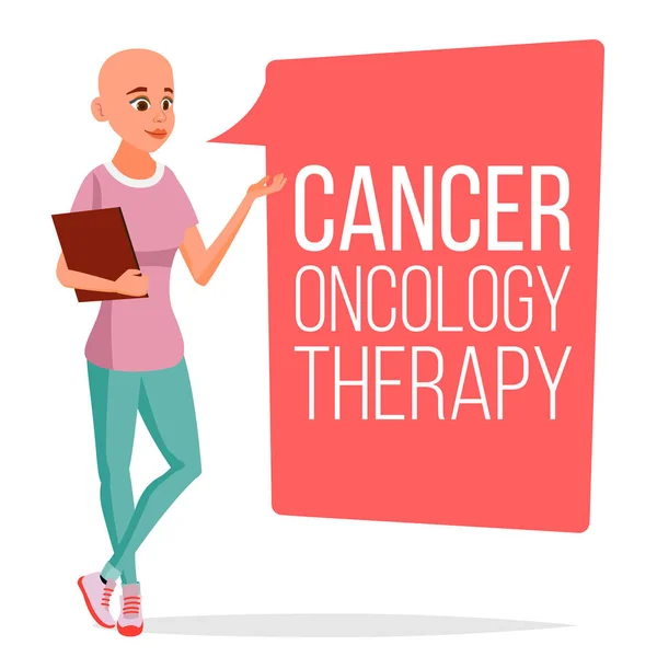 Химиотерапия Вектор Женщины-Пациентки. Женщина с раком. Концепция медицинской онкологической терапии. Лечение. Без волос. Дизайн плакатов. Изолированный плоский мультфильм — стоковый вектор