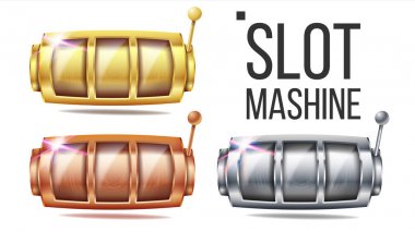 Boş Slot makinesidir Set vektör. Altın, gümüş, bronz. Spin makine şablonu. Servet Jackpot Casino illüstrasyon