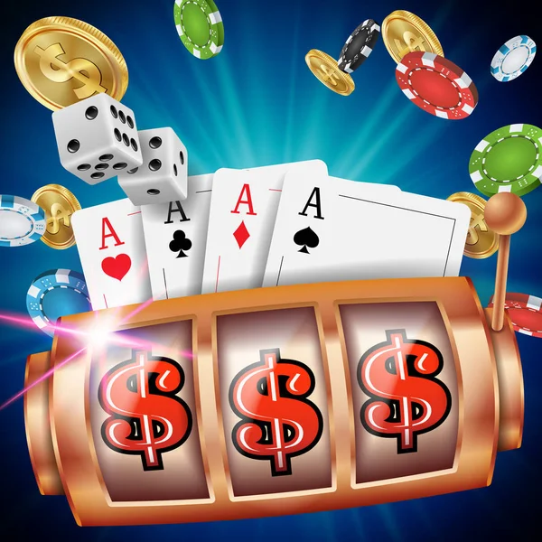 Casino Slot Machine Banner Vector (em inglês). Roda giratória. Brochura. Conceito de Cassino com Máquina de Fenda. Ilustração —  Vetores de Stock