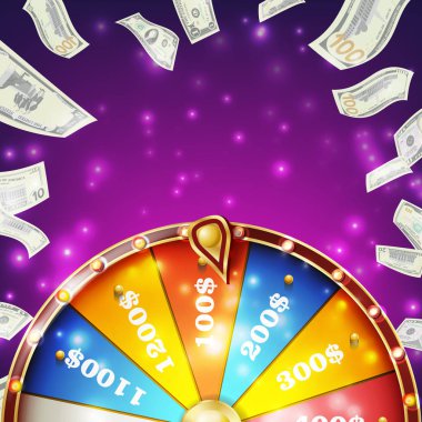 Wheel Of Fortune afiş vektör. Kazanmak servet rulet 3d zafer nesne. Kazanan parlak arka plan. İllüstrasyon