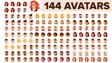İnsanlar Avatar Set vektör. Erkek, kadın. Varsayılan yer tutucu. Renkli üye. Kullanıcı kişi. Etkileyici resim. Yuvarlak portre. Komik yüz sanat. Neşeli işçi. Düz çizgi film karakteri illüstrasyon