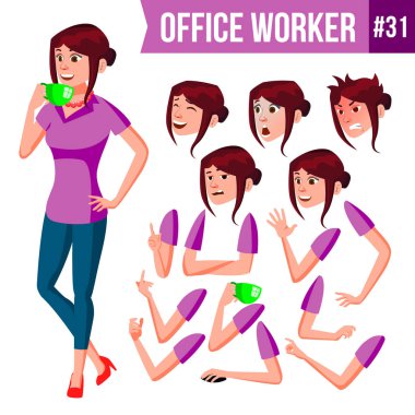 Office alt vektör. Kadın. Mutlu memur, hizmetli, işçi. İş insan. Duygular, çeşitli hareketler karşısında. Animasyon oluşturma küme. İzole karakter çizimi