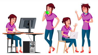Office alt vektör. Kadın. Başarılı memur bey, memur, hizmetçi. İş işçisi kadın. Duygular, hareketleri karşısında. Düz illüstrasyon izole