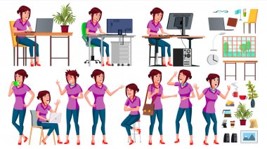 Office alt vektör. Kadın. Profesyonel memur bey, memur. Yetişkin iş erkek. Bayan yüz duygular, çeşitli hareketler. İllüstrasyon izole karikatür