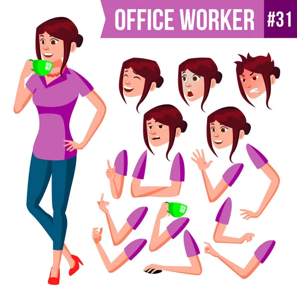 Office alt vektör. Kadın. Mutlu memur, hizmetli, işçi. İş insan. Duygular, çeşitli hareketler karşısında. Animasyon oluşturma küme. İzole karakter çizimi — Stok Vektör