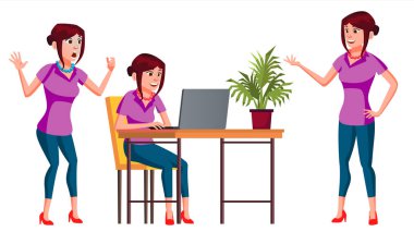 Office alt vektör. Kadın. Modern İşçi, işçi. Bir iş kadını. Duygular, jestler. Düz çizgi film illüstrasyon