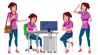 Office alt vektör. Kadın. İş kişi. Duygular, hareketleri karşısında. Düz çizgi film illüstrasyon