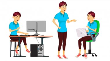 Ofis işçi Vector.Woman. Başarılı memur bey, memur, hizmetçi. Yetişkin iş kadını. Duygular, çeşitli hareketler karşısında. Düz çizgi film illüstrasyon izole