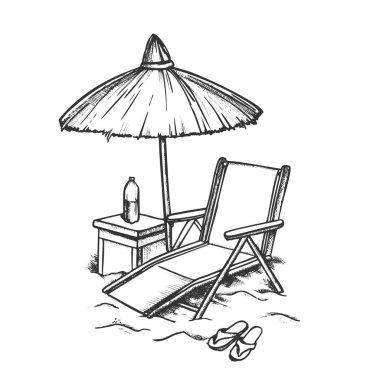 Beach Chair With Straw Umbrella Monochrome Vector vector Beach Chair With Straw Umbrella Monochrome Vector vector