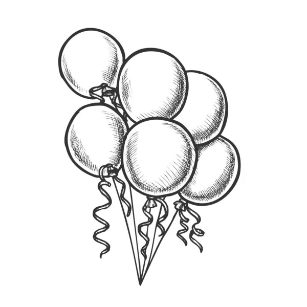 Bunch balónky s kudrnatou stuhou černobílý vektor — Stockový vektor