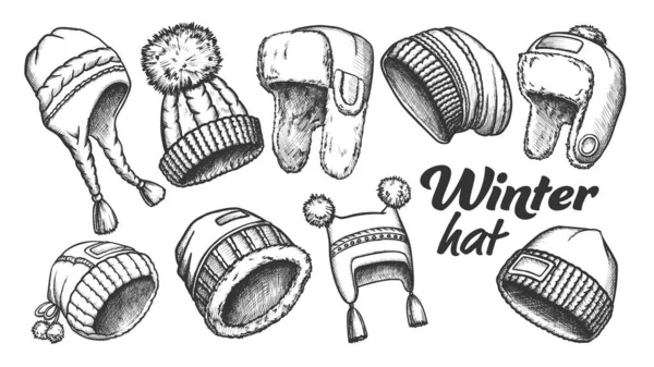 Invierno sombrero ropa accesorio retro conjunto vector — Archivo Imágenes Vectoriales