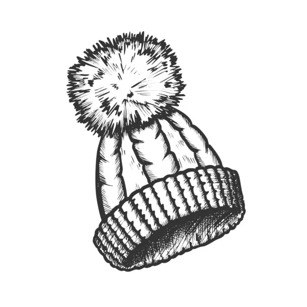 Sombrero de invierno con vector monocromo pompón de lana — Vector de stock