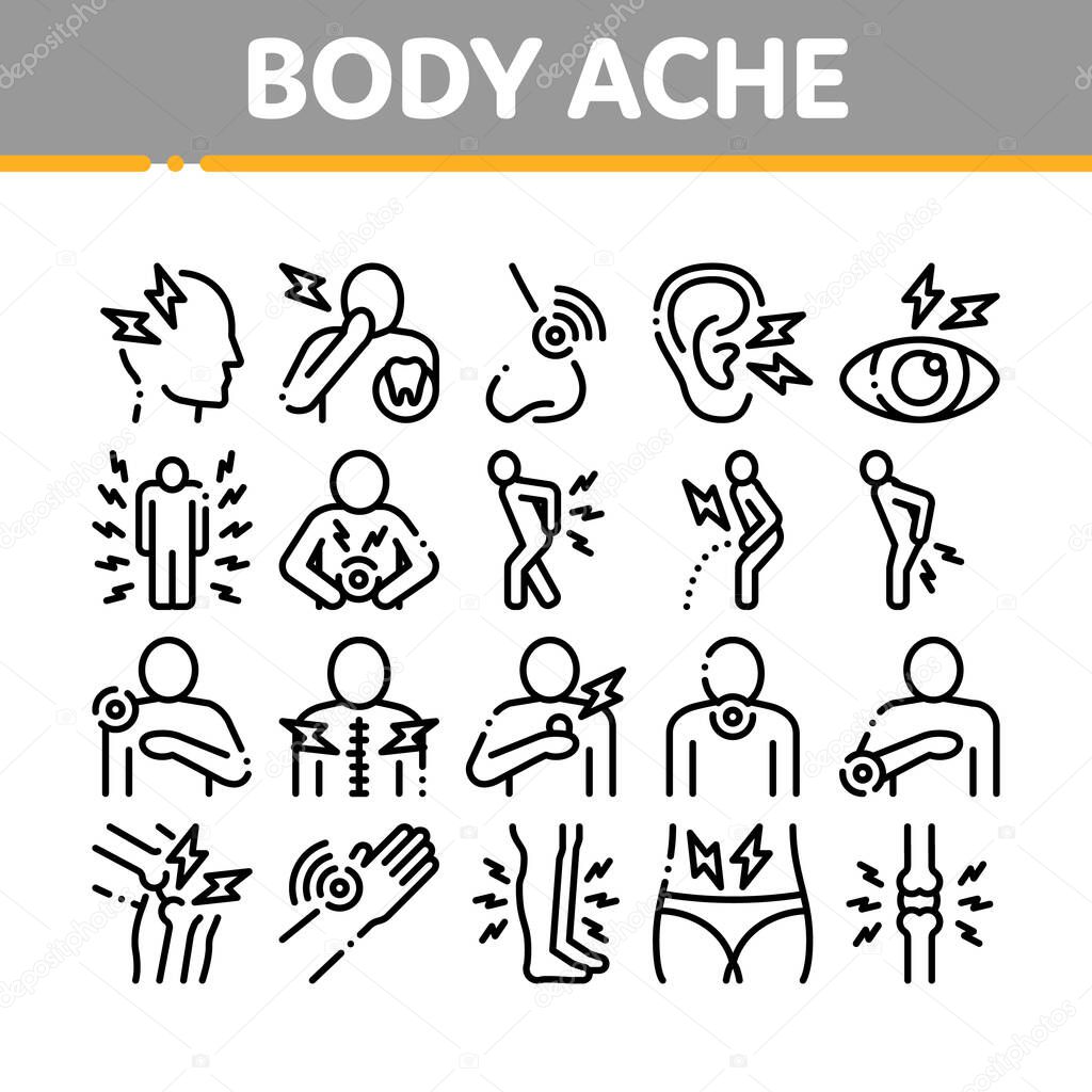 Body Ache Collection Elements Icons Set Vector Thin Line. Headache And Toothache, Backache And Arthritis, Stomach And Muscle Ache, Eye And Foot Pain Linear Pictograms. Monochrome Contour Illustrations