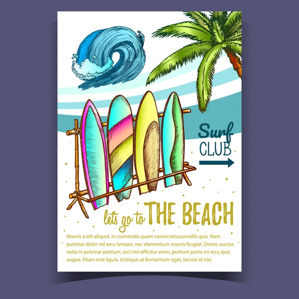 Surfplanken, Sea Wave en Palm op Poster Vector — Stockvector