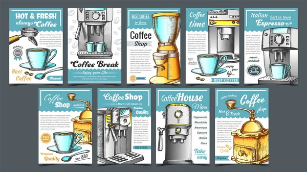 Máquina de café, titular y taza de carteles conjunto de vectores — Vector de stock