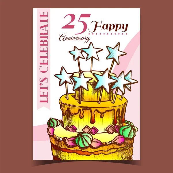 星のポスターベクトルで飾られた誕生日ケーキ — ストックベクタ