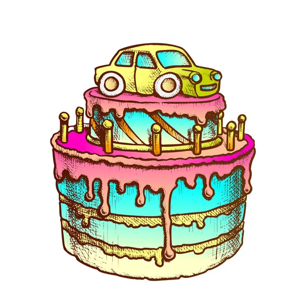 Gâteau d'anniversaire décoré avec voiture vecteur rétro — Image vectorielle
