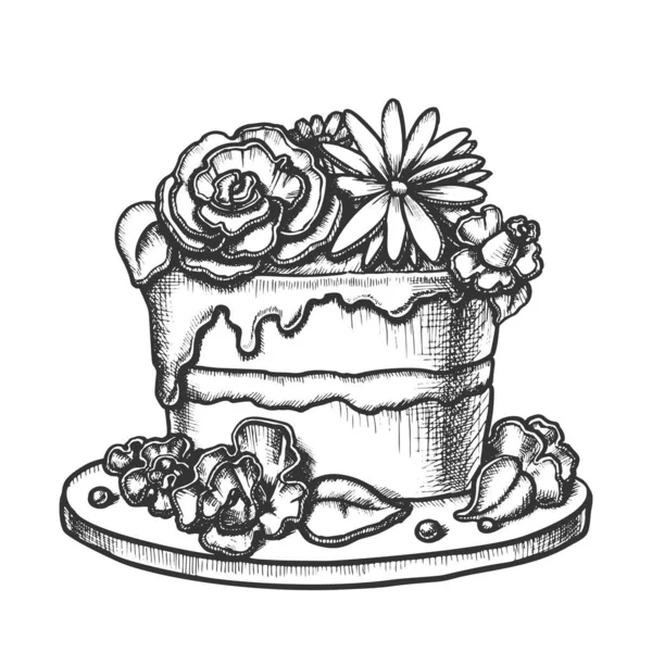 Bolo de aniversário decorado com flores Tinta Vector — Vetor de Stock