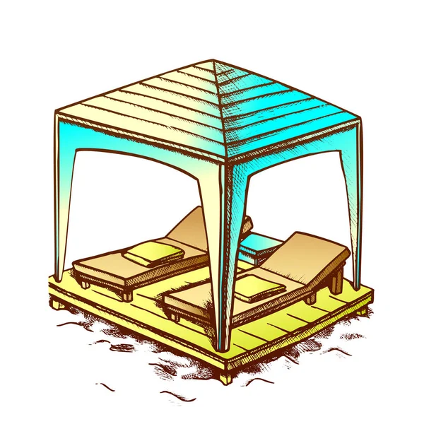 船篷下的海滩座椅在海岸复古向量处 — 图库矢量图片