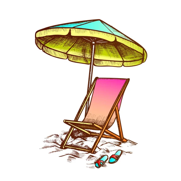 Liegestuhl mit Sonnenschirm und Hausschuhen Farbvektor — Stockvektor