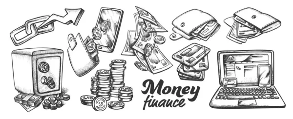 Pieniądze Finanse Kolekcja Monochrome Set Vector — Wektor stockowy