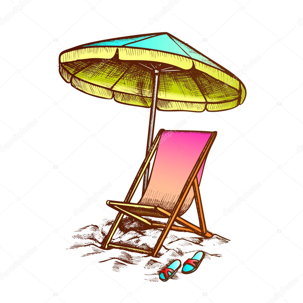 Deck Chair With Umbrella And Slippers Ink Vector