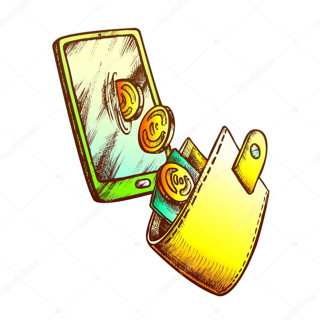 Wallet With Coins And Smartphone Monochrome Vector