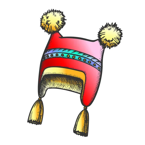Winter Hat with Fluffy Woolen Pompons Retro Vector — стоковий вектор