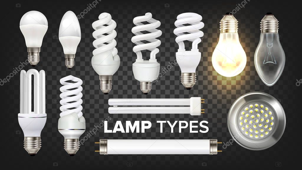 Led, Fluorescent And Incandescent Lamps Set Vector