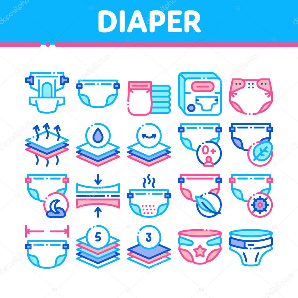 Diaper For Newborn Collection Icons Set Vector Thin Line. Diaper For Kids With Drop Of Liquid And Leaf, Multilayer And Comfortable Concept Linear Pictograms. Color Contour Illustrations