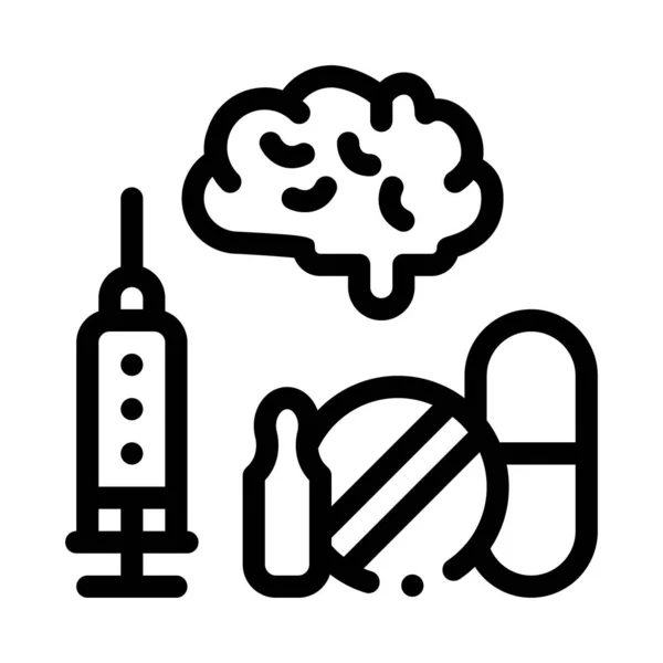Иллюстрация контура иконы "Мозг, шприц и таблетки" — стоковый вектор