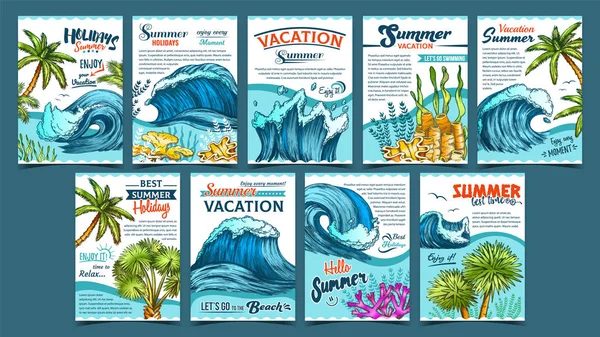 Wave, Palm Bomen en Zeewier Banner Set Vector — Stockvector