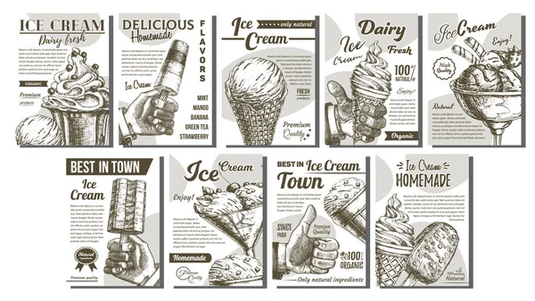 Διανομή κατεψυγμένα παγωτά σετ αφίσσες διάνυσμα — Διανυσματικό Αρχείο