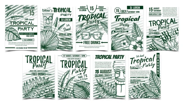 Tropical Leaves And Seaweeds Poster Set Vector — Stock Vector