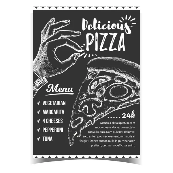 Delicious Pizza Menu And Gesture Ok Poster Vector — Stock Vector