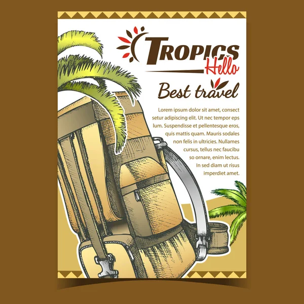 Tropics Travel Turystyczny plecak Banner Vector — Wektor stockowy