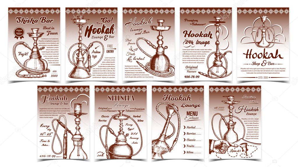 Hookah And Shisha Advertising Posters Set Vector