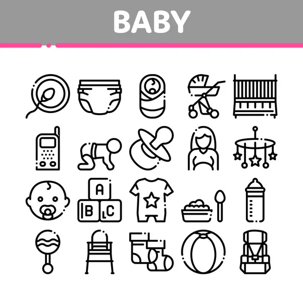 Roupas de bebê e ferramentas coleção ícones conjunto vetor — Vetor de Stock